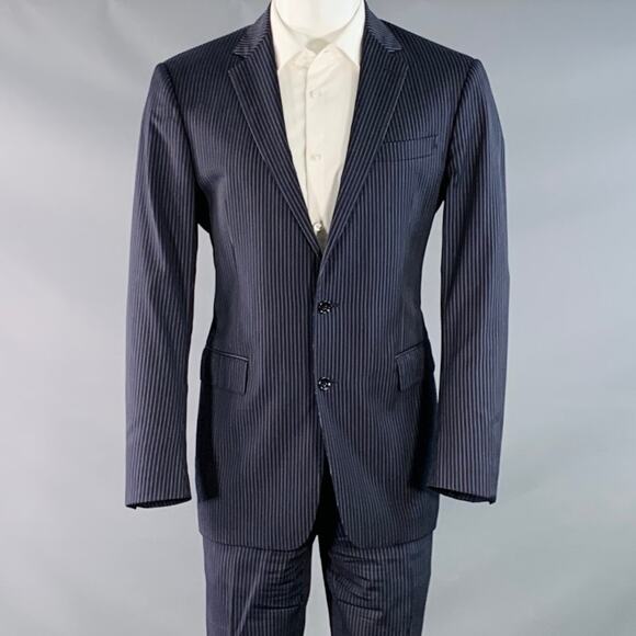 RALPH LAUREN Size 40 Navy Grey Stripe Virgin Wool Notch Lapel Suit - Picture 1 of 14